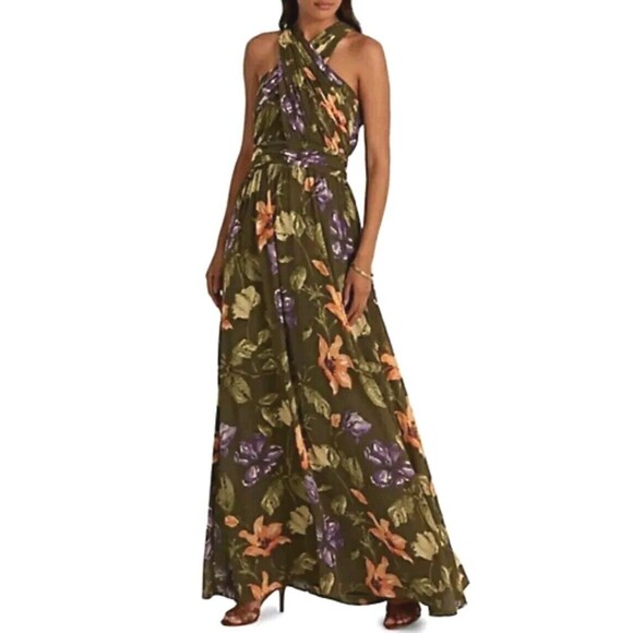 Lauren Ralph Lauren Womens Green Chiffon Floral Long Maxi Dress Sz